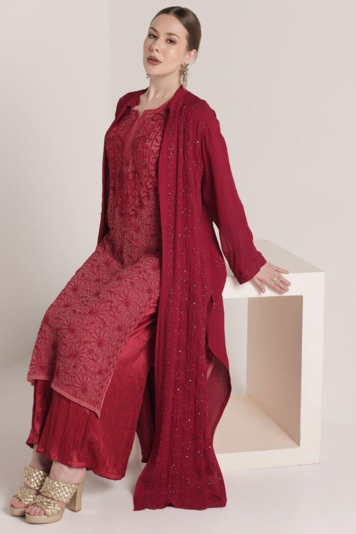 Burgundy Embroidered Chikankari Suit With Satin Pants