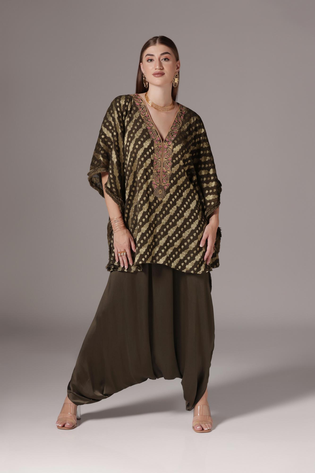 Forest Green Chiffon Jacquard Embroidered Kaftan