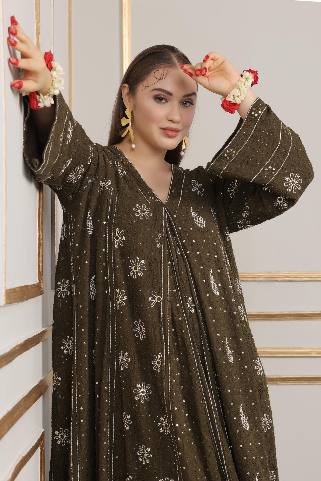 Heavy Hand Embroidered Pleated Anarkali Gown