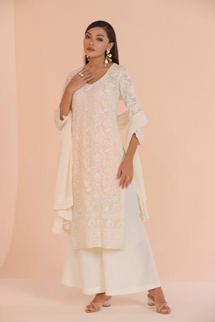 Allure ivory chikankari kalidaar set main image 1