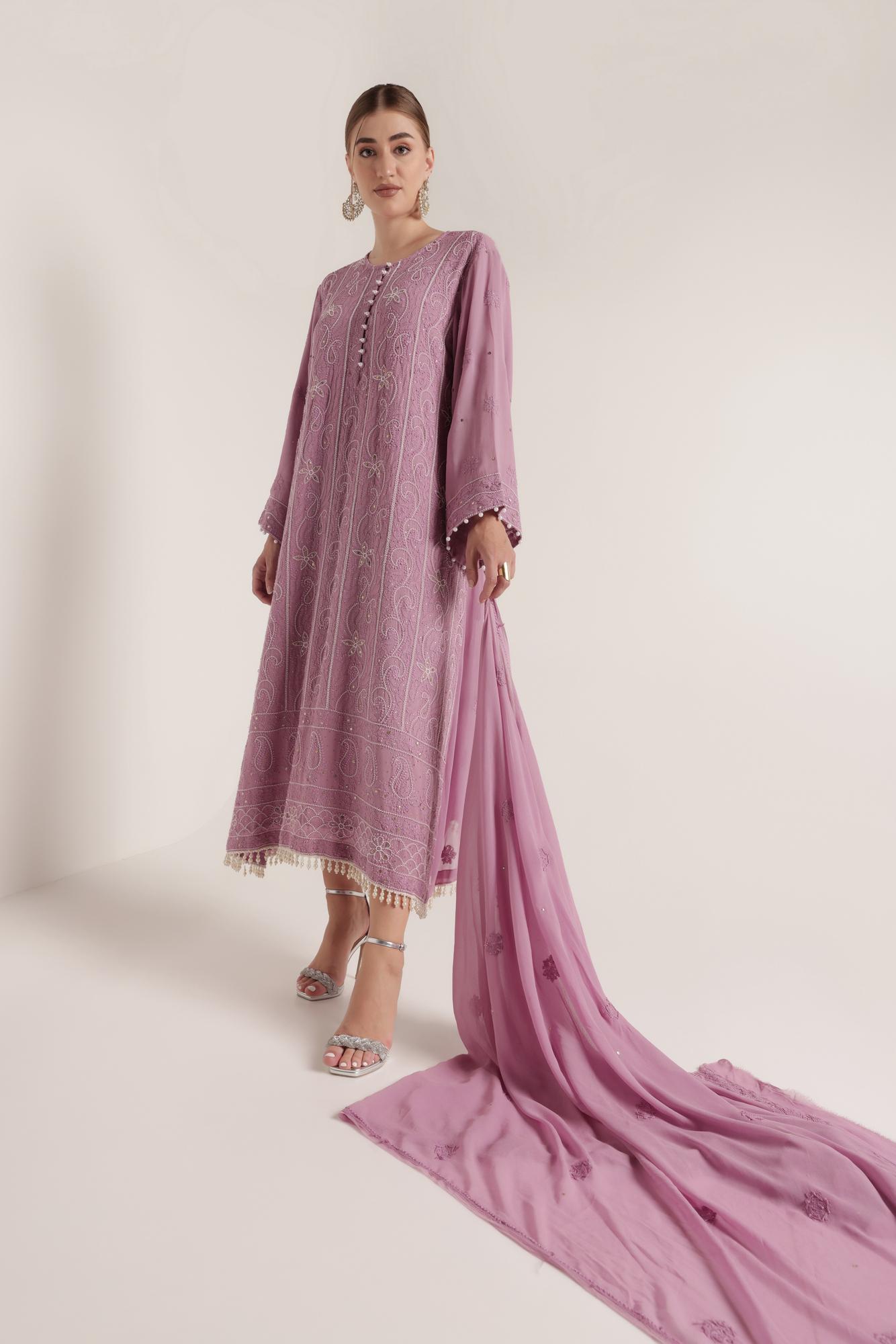 Lilac Heavy Chikan Suit Dress With Dupatta