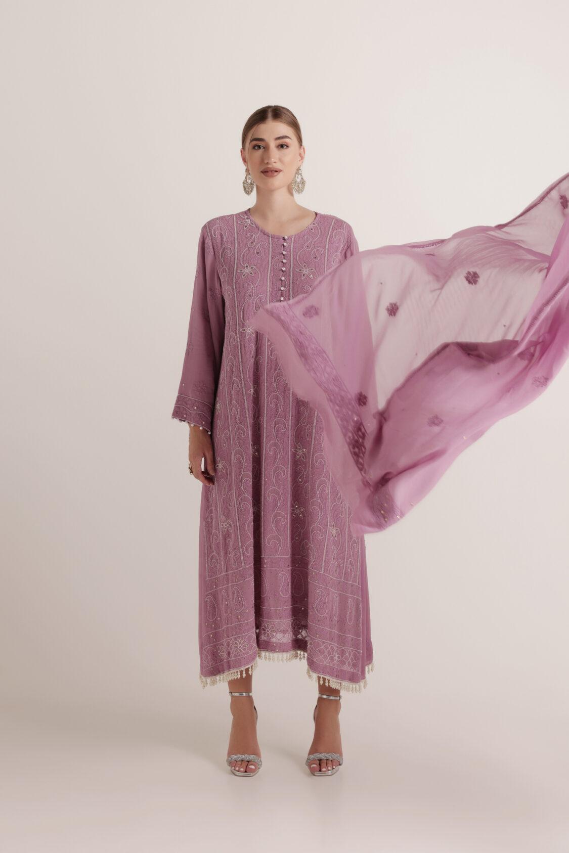 Lilac Heavy Chikan Suit Dress With Dupatta