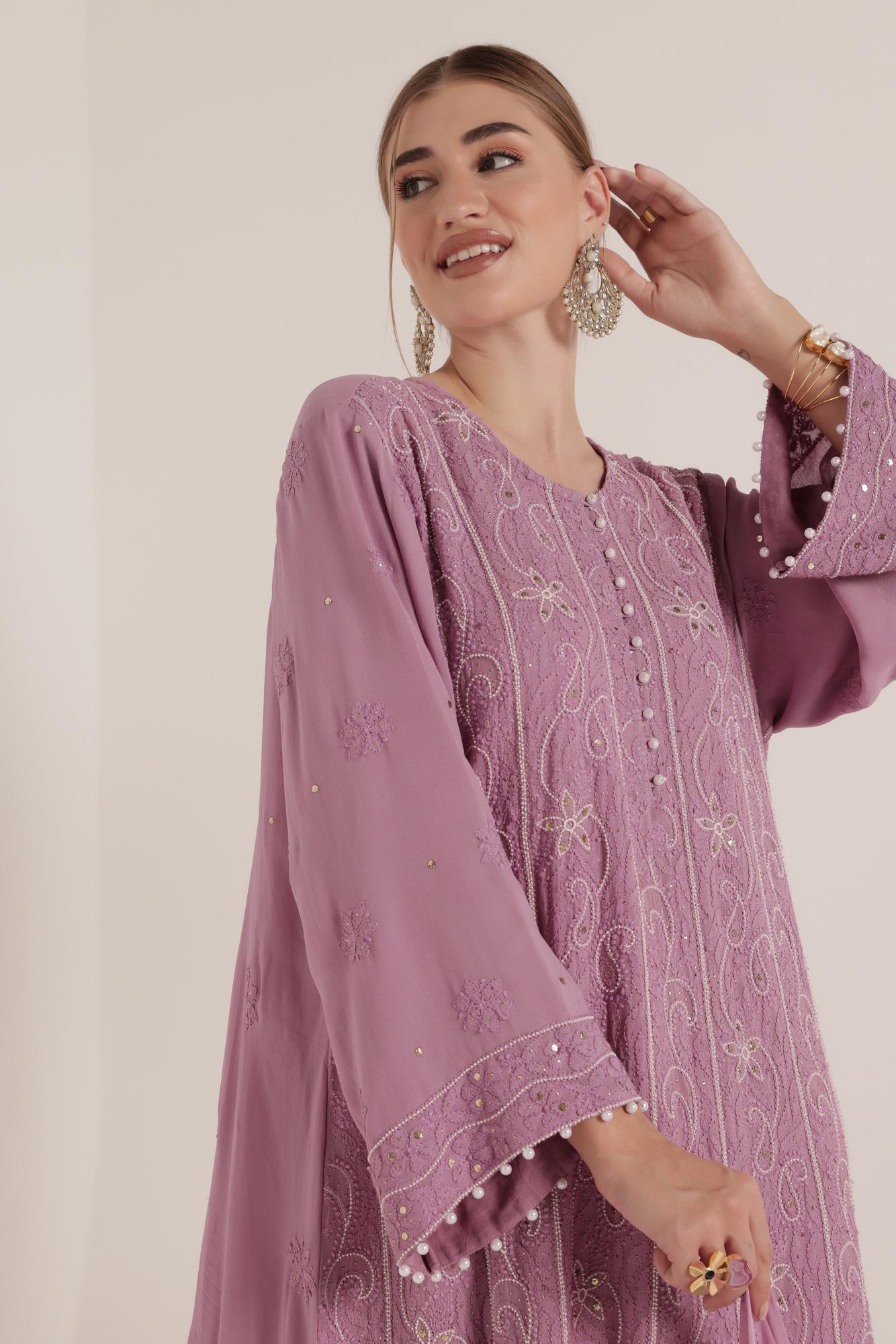 Lilac Heavy Chikan Suit Dress With Dupatta