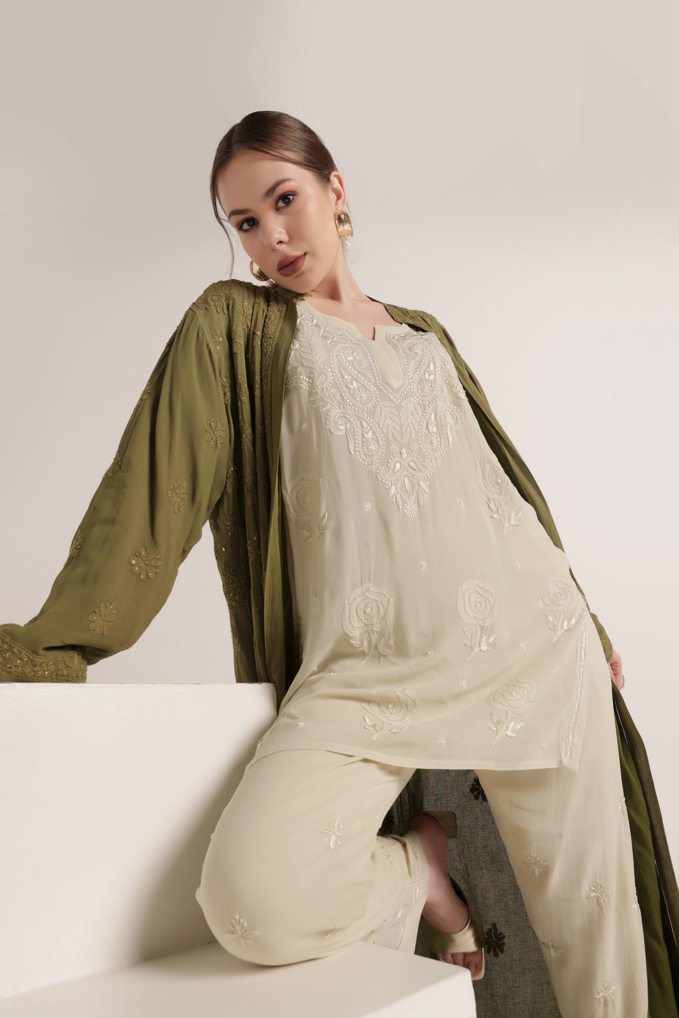 Mehendi Green Chikan Mukaish Jacket