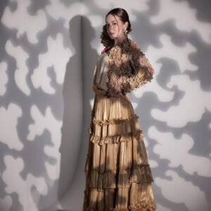 Metalic Gold Tiered Skirt with 3D Butterfly Jacket and Pearl Blouse
