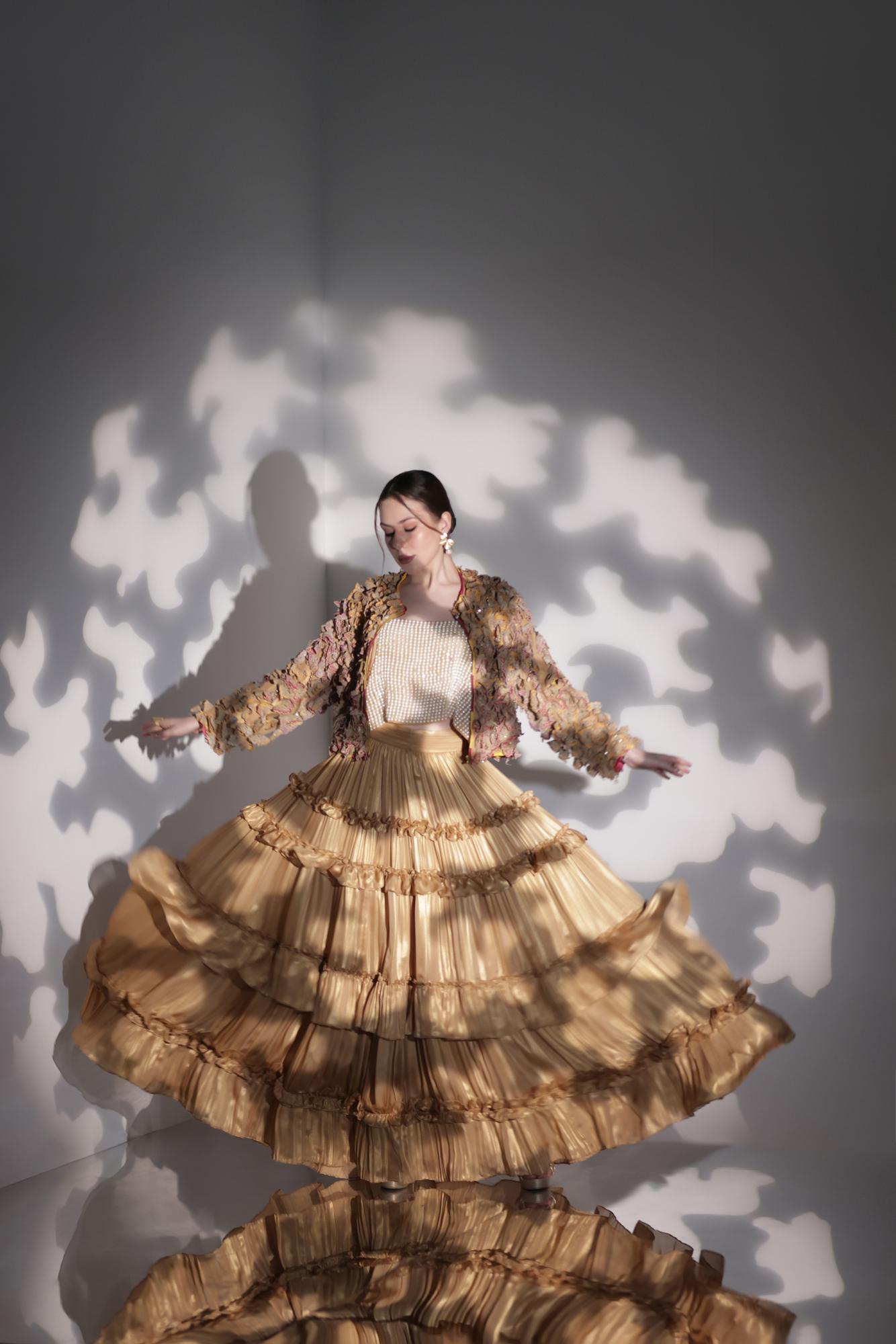 Metalic Gold Tiered Skirt with 3D Butterfly Jacket and Pearl Blouse