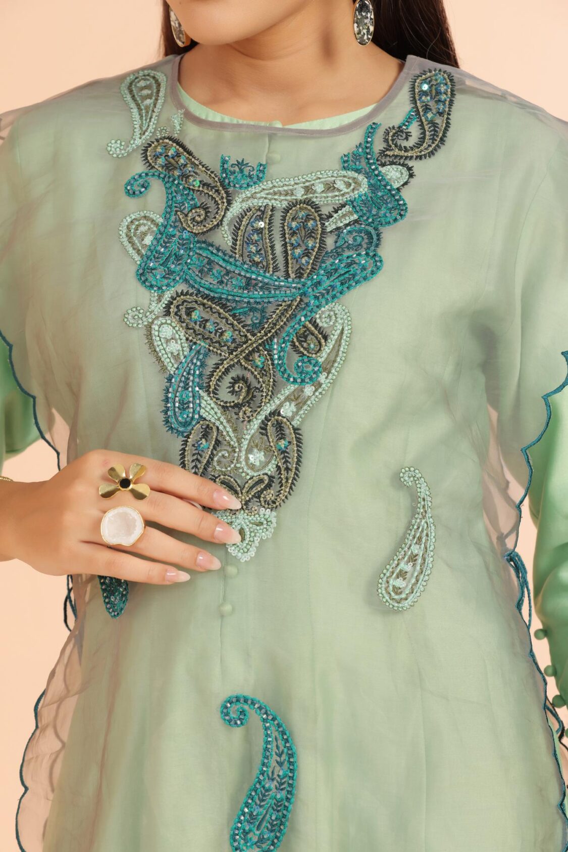 Mint Green Jumpsuit With Embroidered Organza Kurta