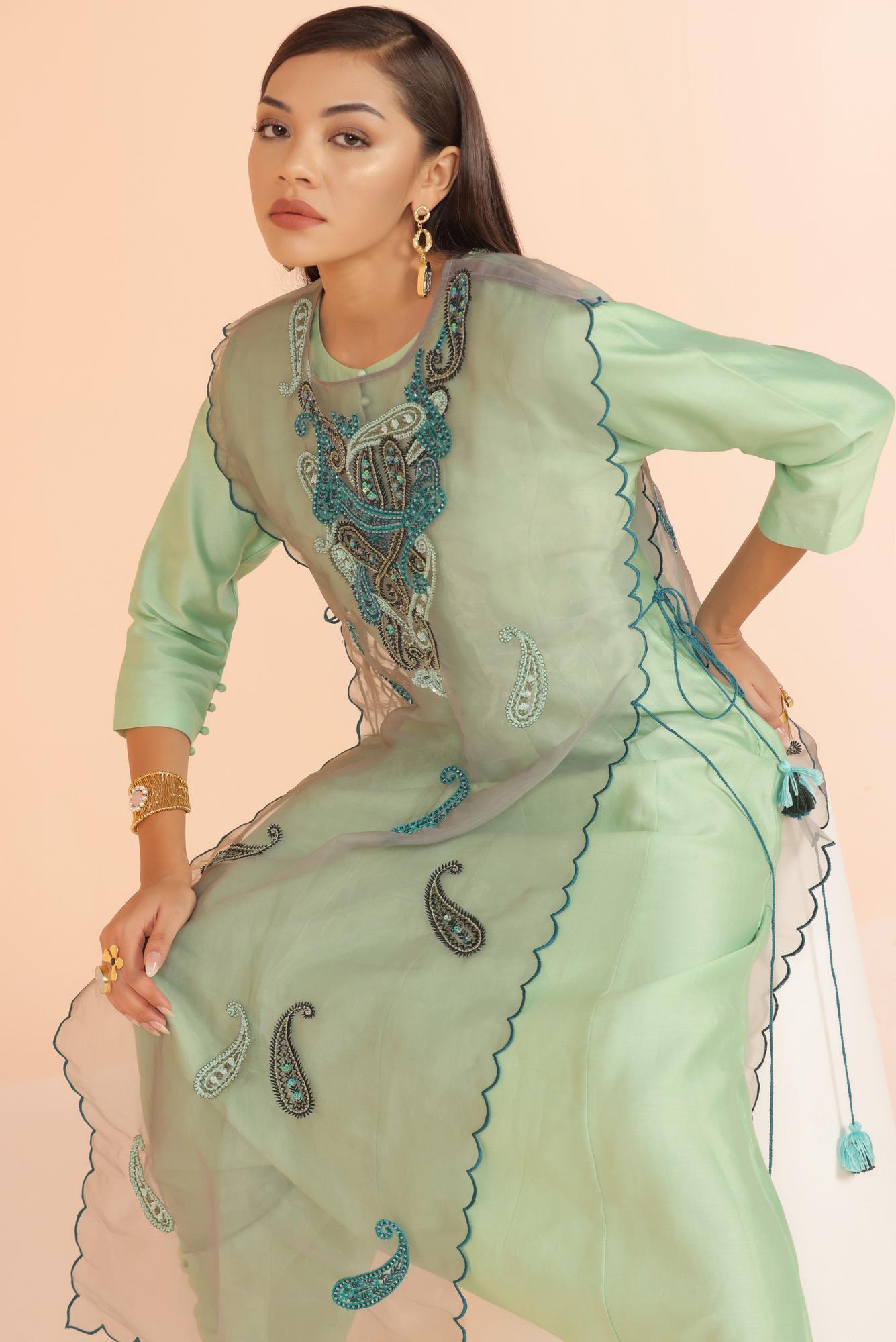 Mint Green Jumpsuit With Embroidered Organza Kurta