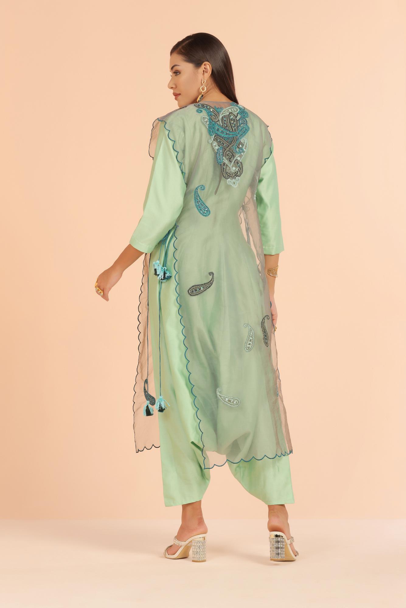 Mint Green Jumpsuit With Embroidered Organza Kurta