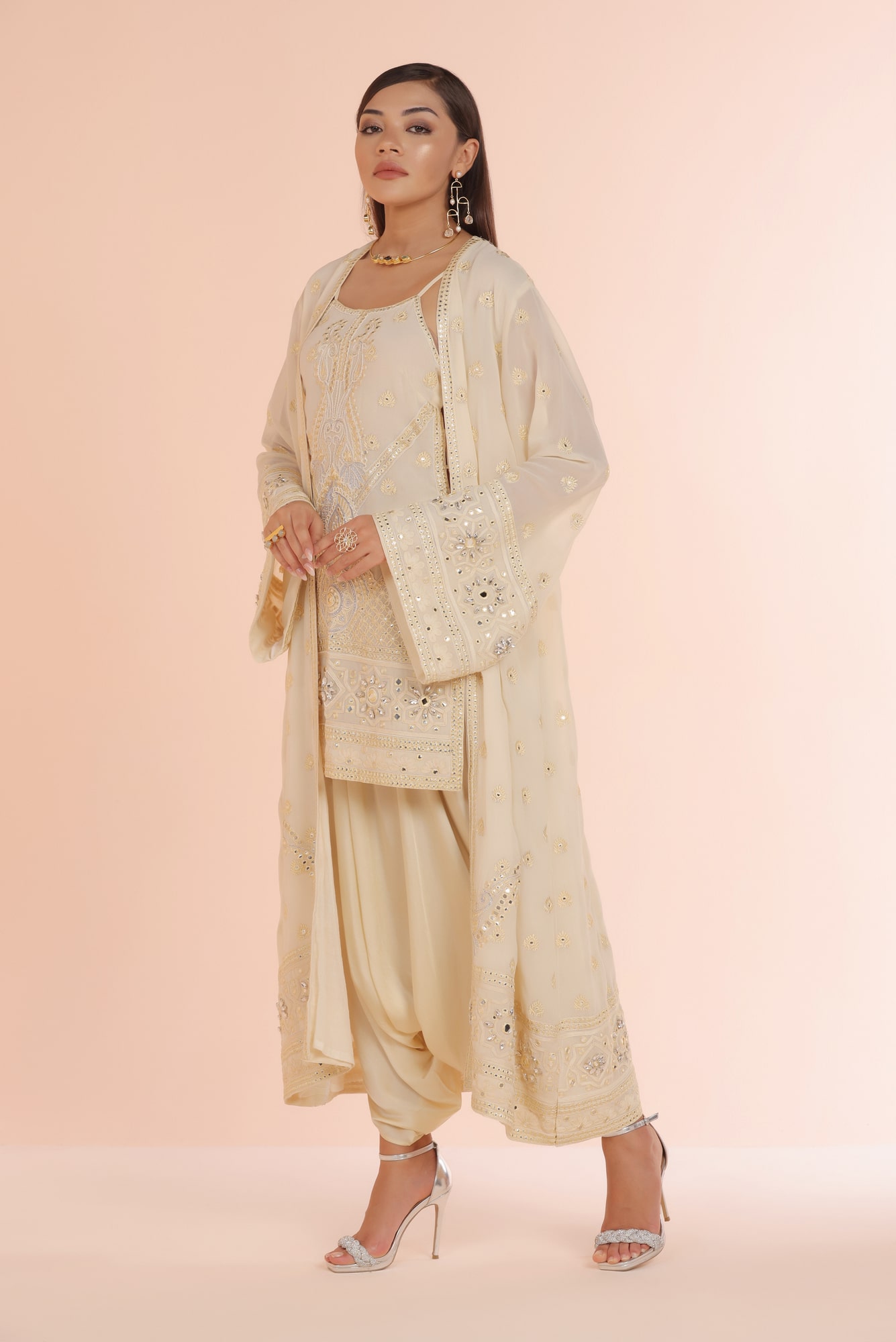 Mirror work kurti with long jacket and dhoti pant