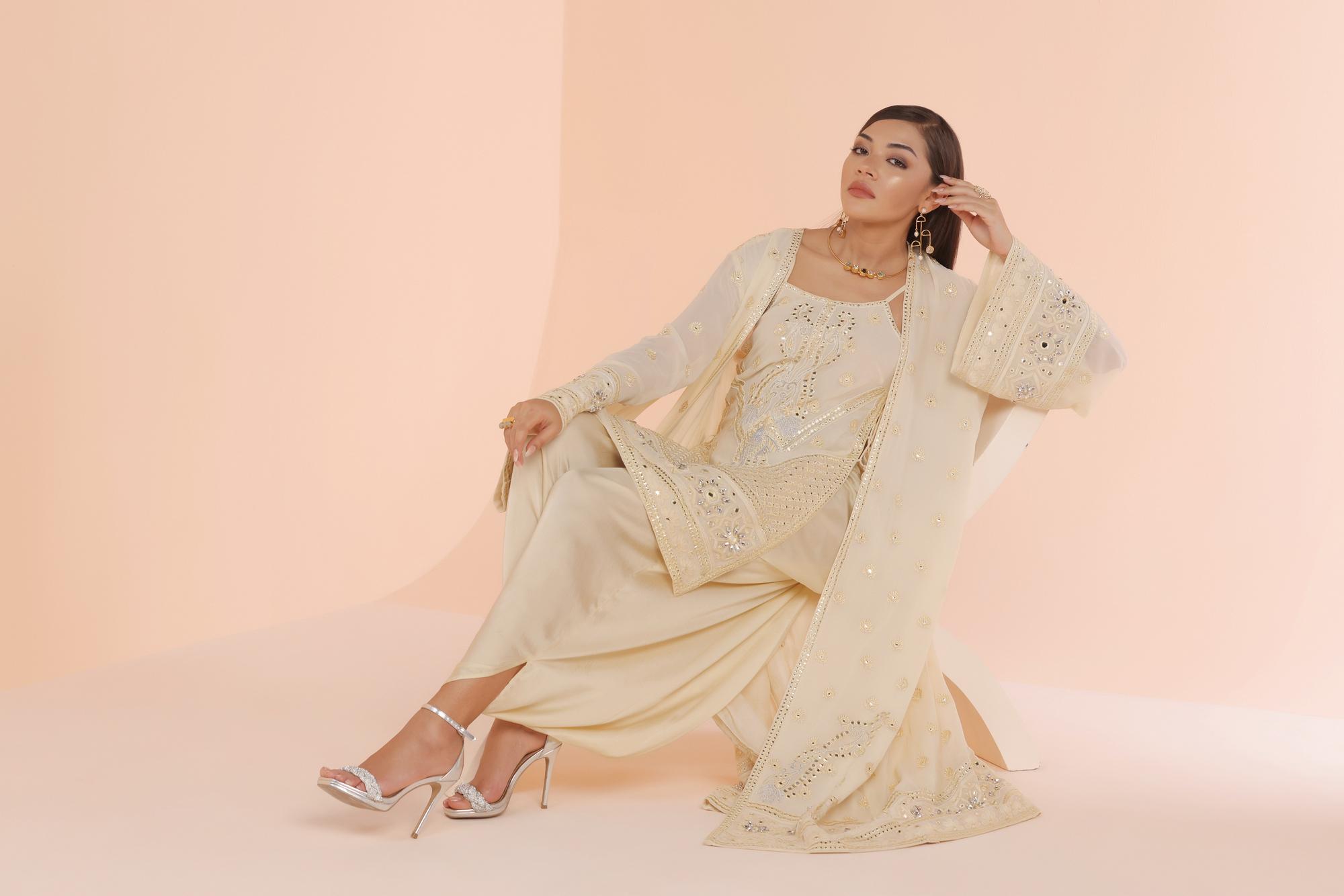 Mirror work kurti with long jacket and dhoti pant