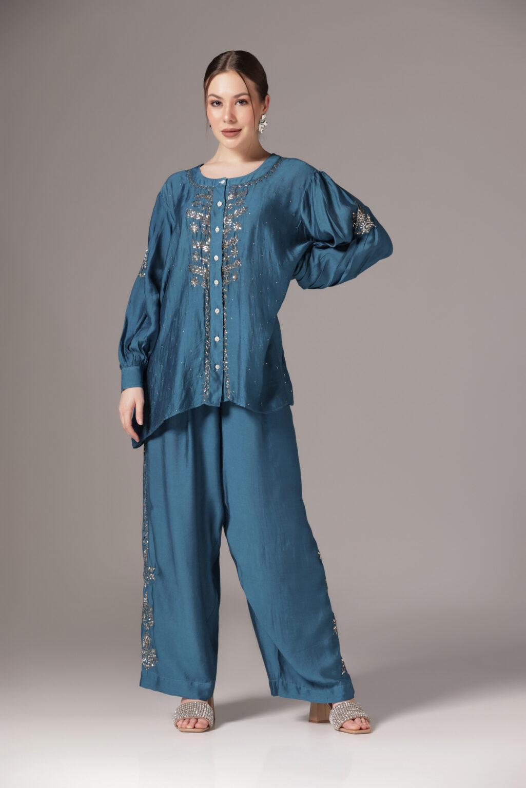 Pure Silk Chikankari Mukaish Blue Co-Ord Set - Folklore Collections Online