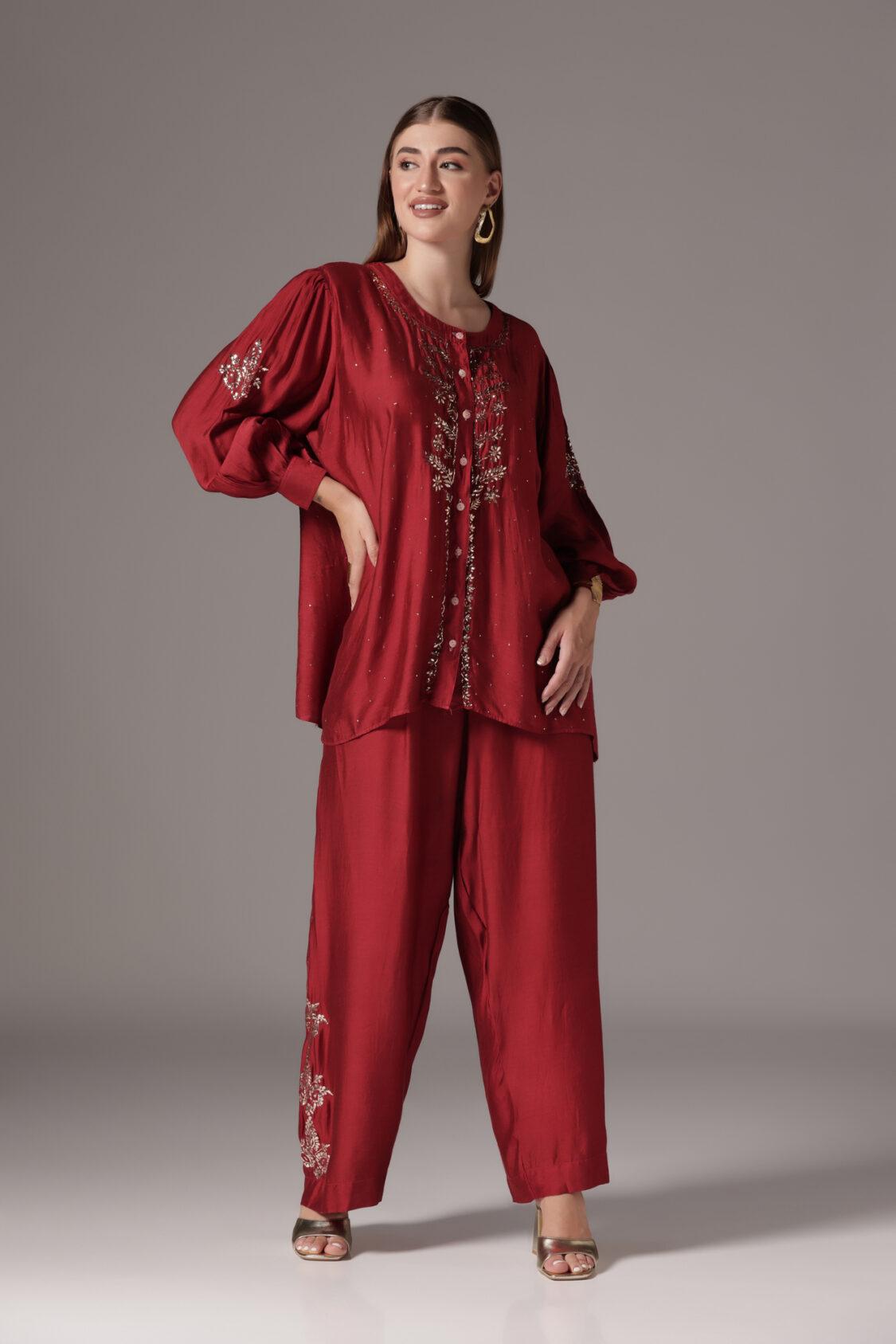 Pure Silk Chikankari Mukaish Red Co-Ord Set