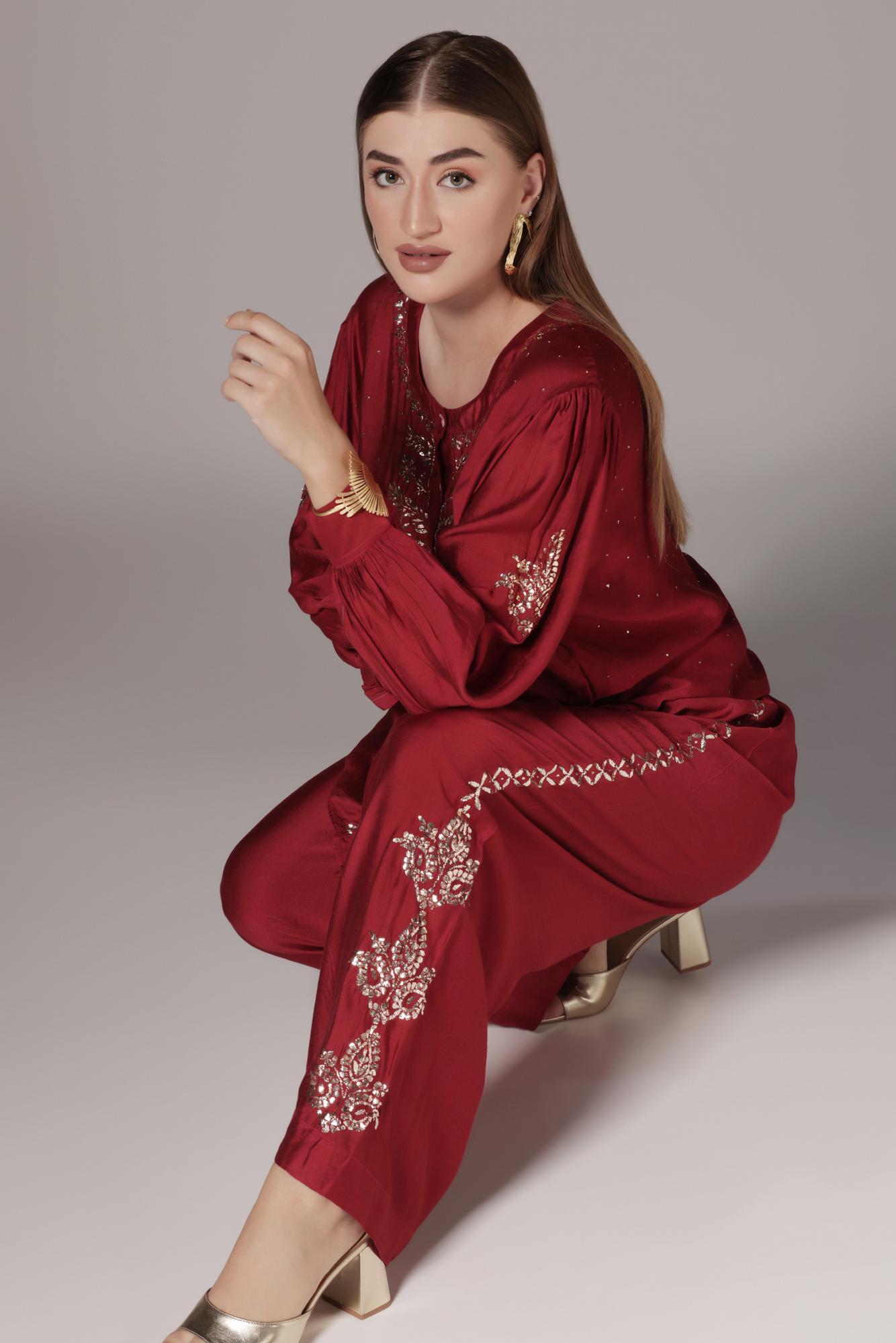 Pure Silk Chikankari Mukaish Red Co-Ord Set