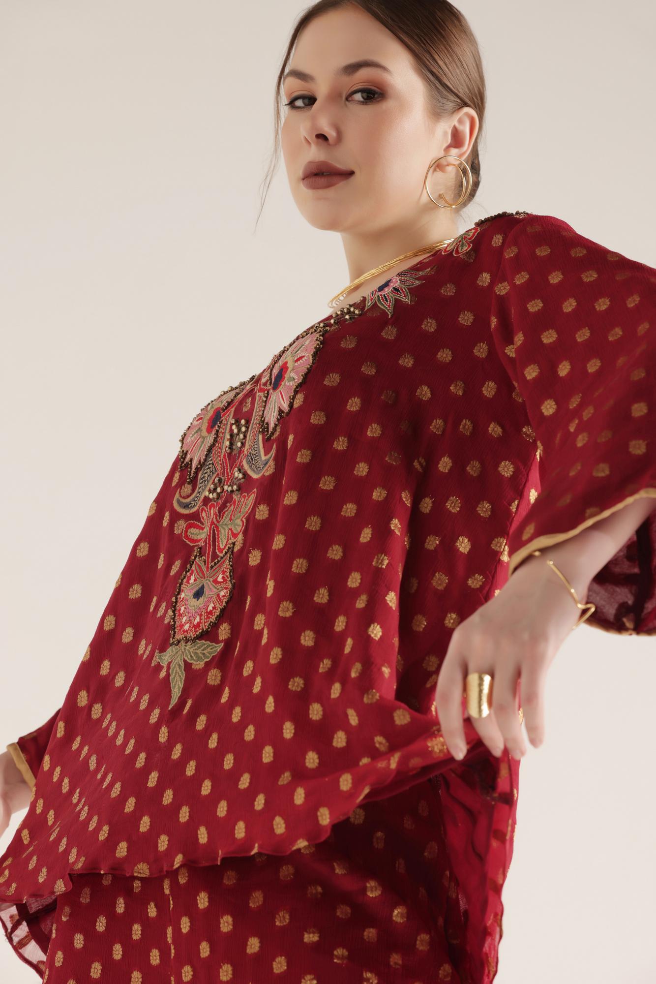 Red Chiffon Jacquard Co-Ord Embroidered Set