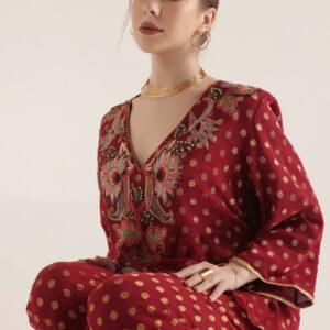 Red Chiffon Jacquard Co-Ord Embroidered Set