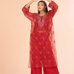 Red Organza Embroidered Kurts with Pleated Pant and Crop Top