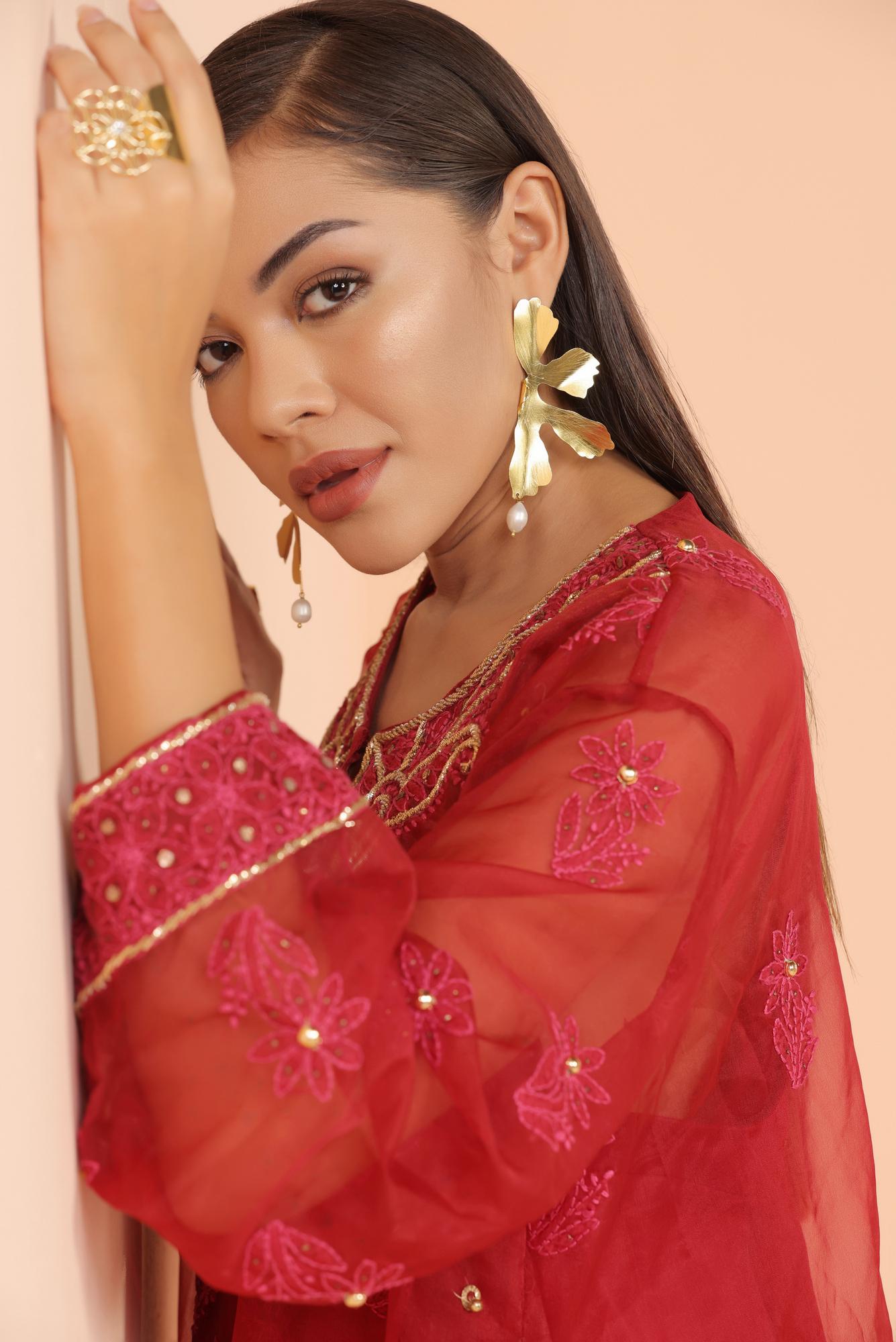 Red Organza Embroidered Kurts with Pleated Pant and Crop Top