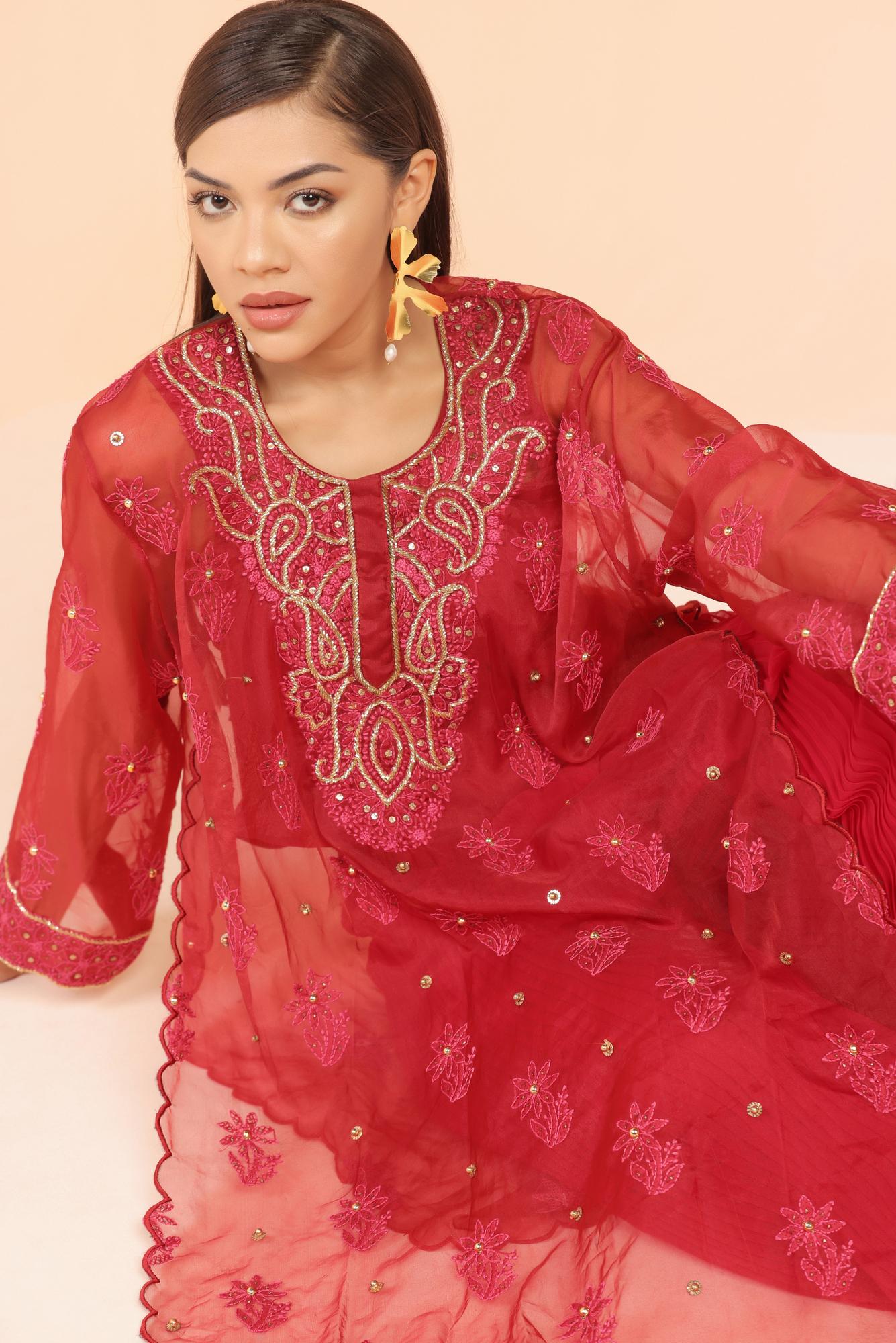 Red Organza Embroidered Kurts with Pleated Pant and Crop Top