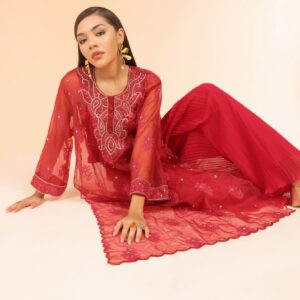 Red Organza Embroidered Kurts with Pleated Pant and Crop Top