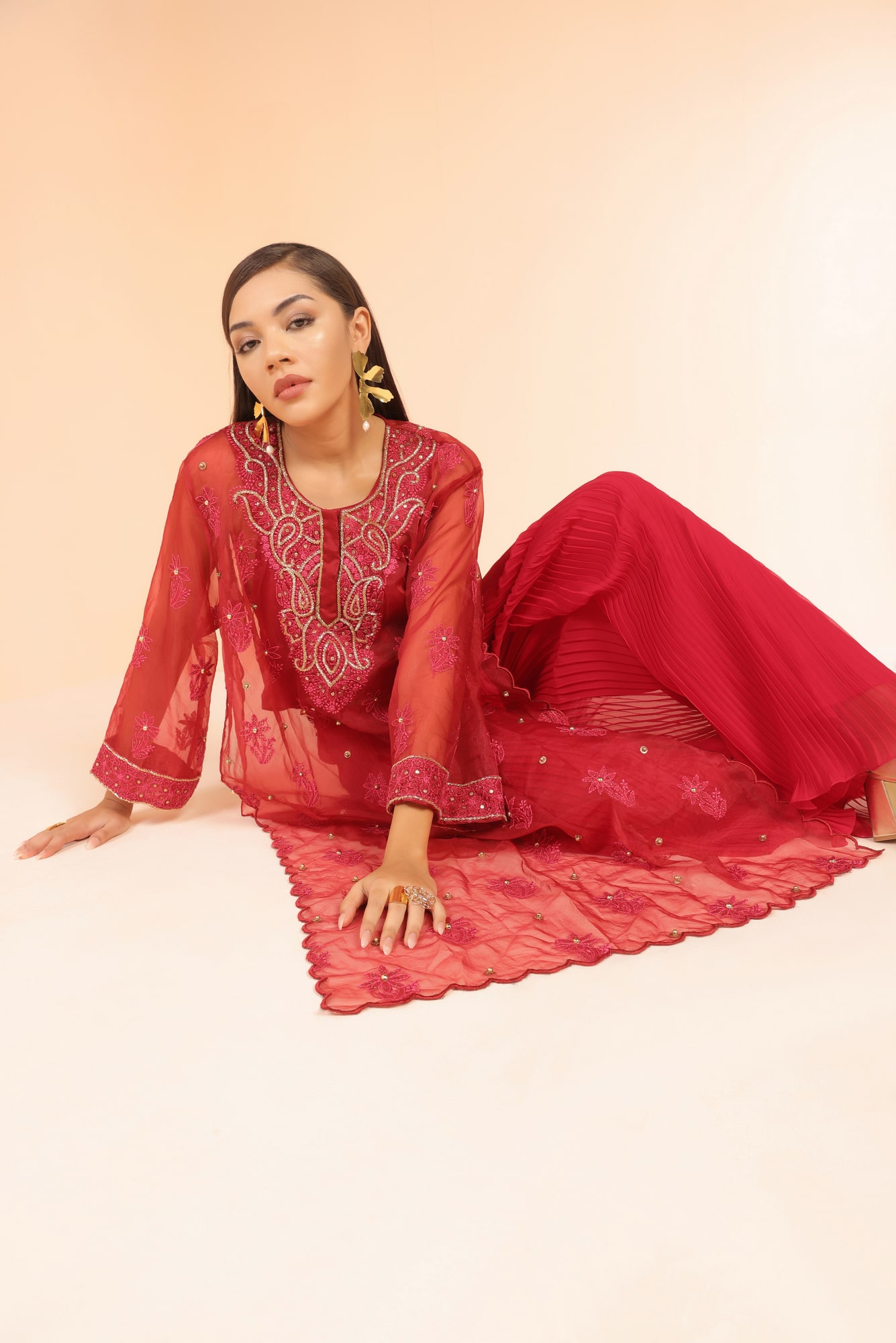 Red Organza Embroidered Kurts with Pleated Pant and Crop Top