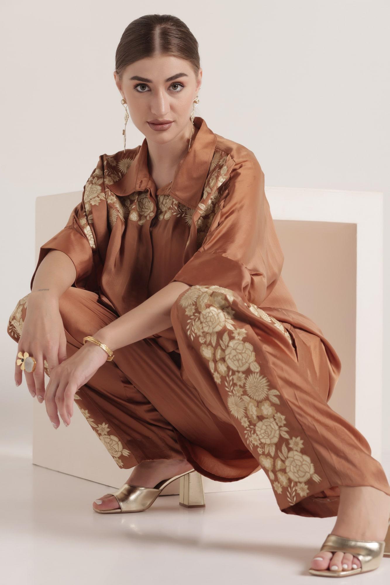 ash brown embroidered silk co-ord set