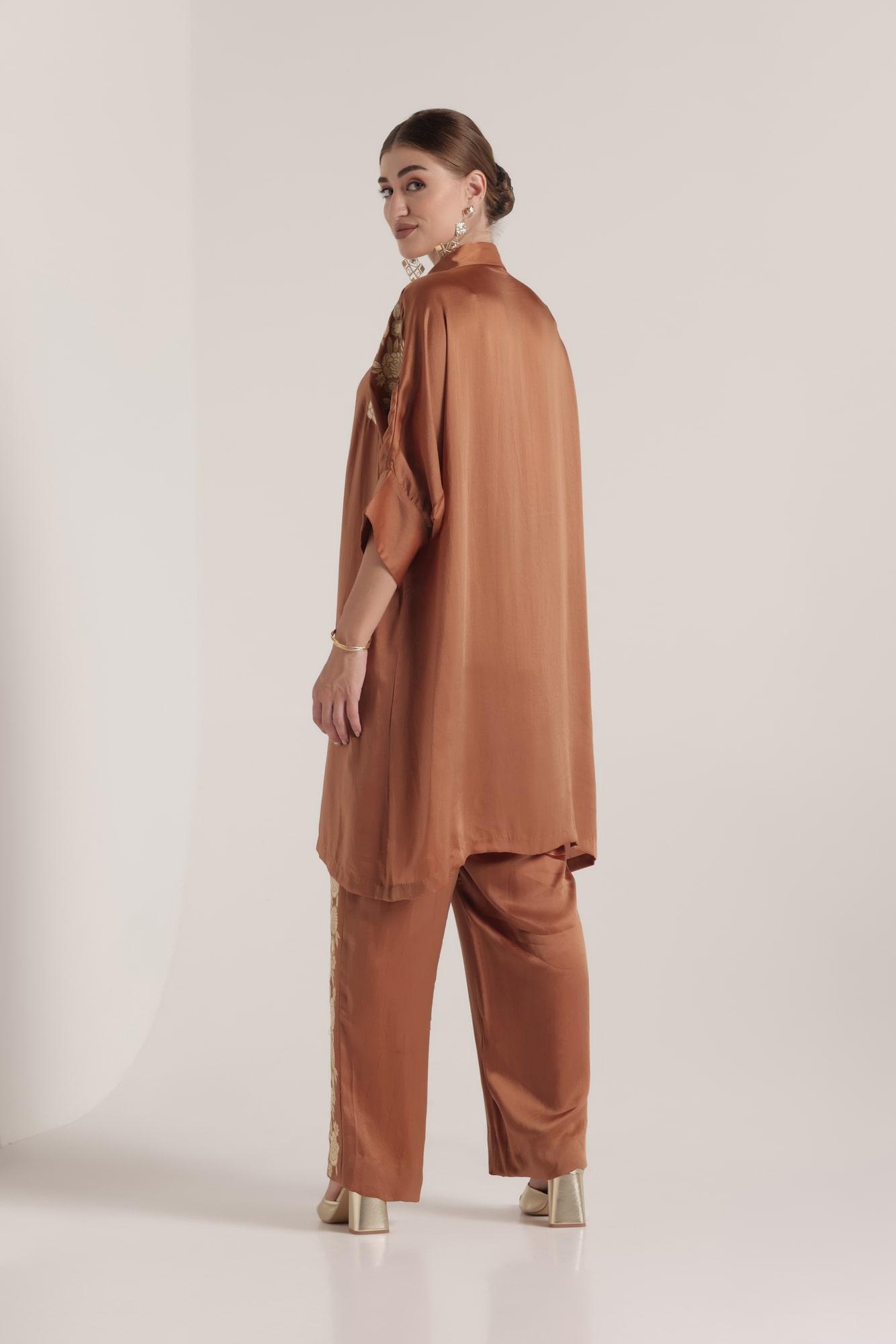 ash brown embroidered silk co-ord set