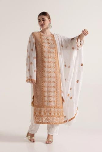 White Mustard Embroidered Chikan Suit Set