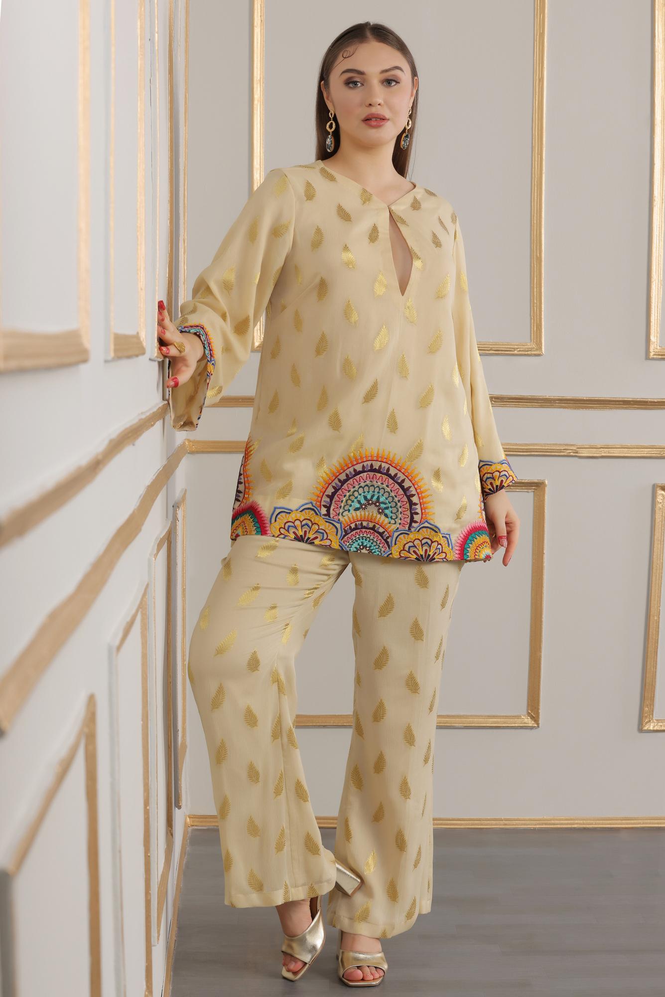 Cream Chiffon Jacquard Co-ord Embroidered Set