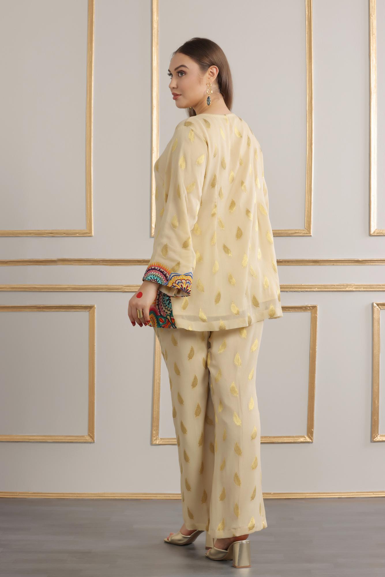 Cream Chiffon Jacquard Co-ord Embroidered Set