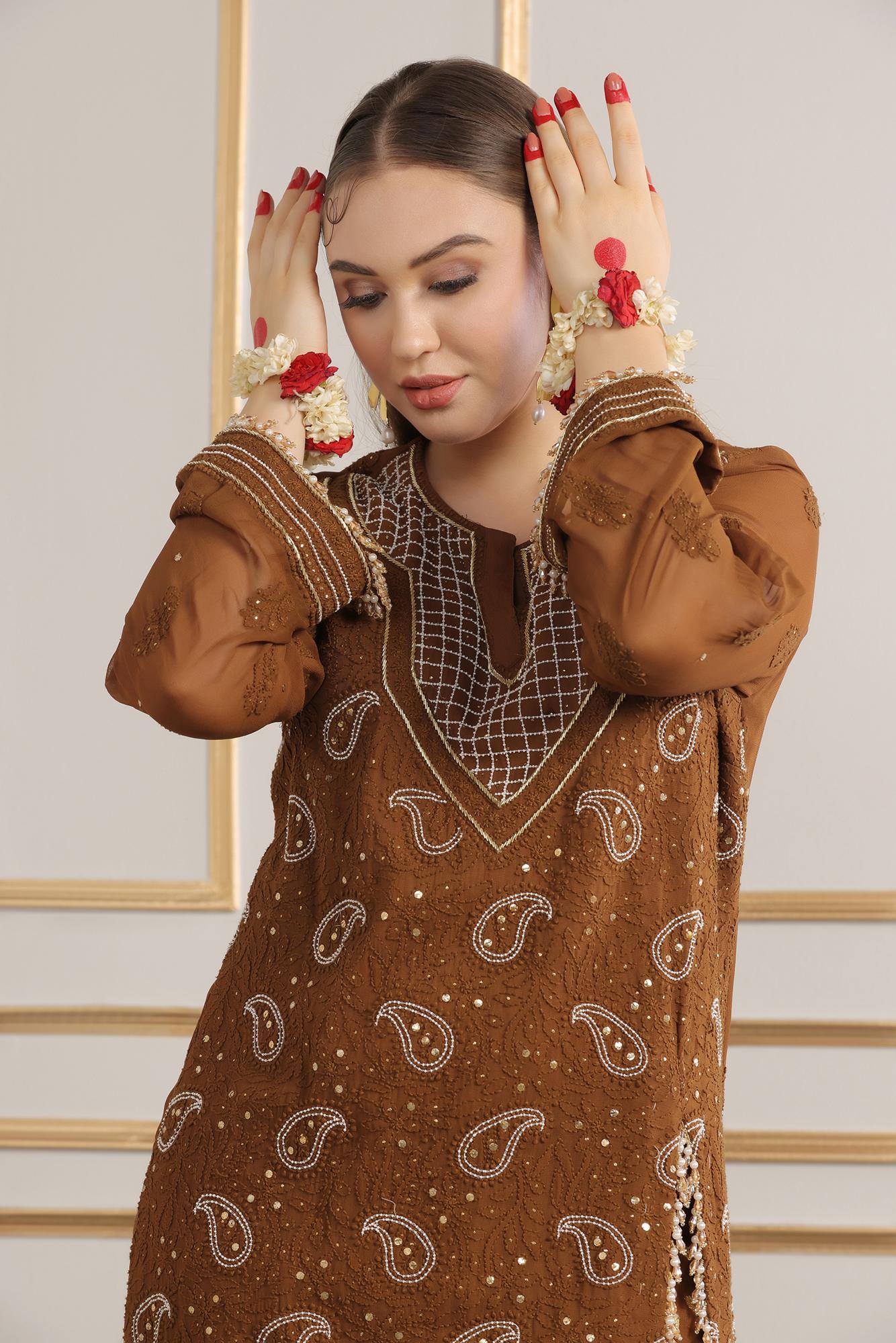 Hand Embroidered Chikankari Kurta With Jaquard Pant