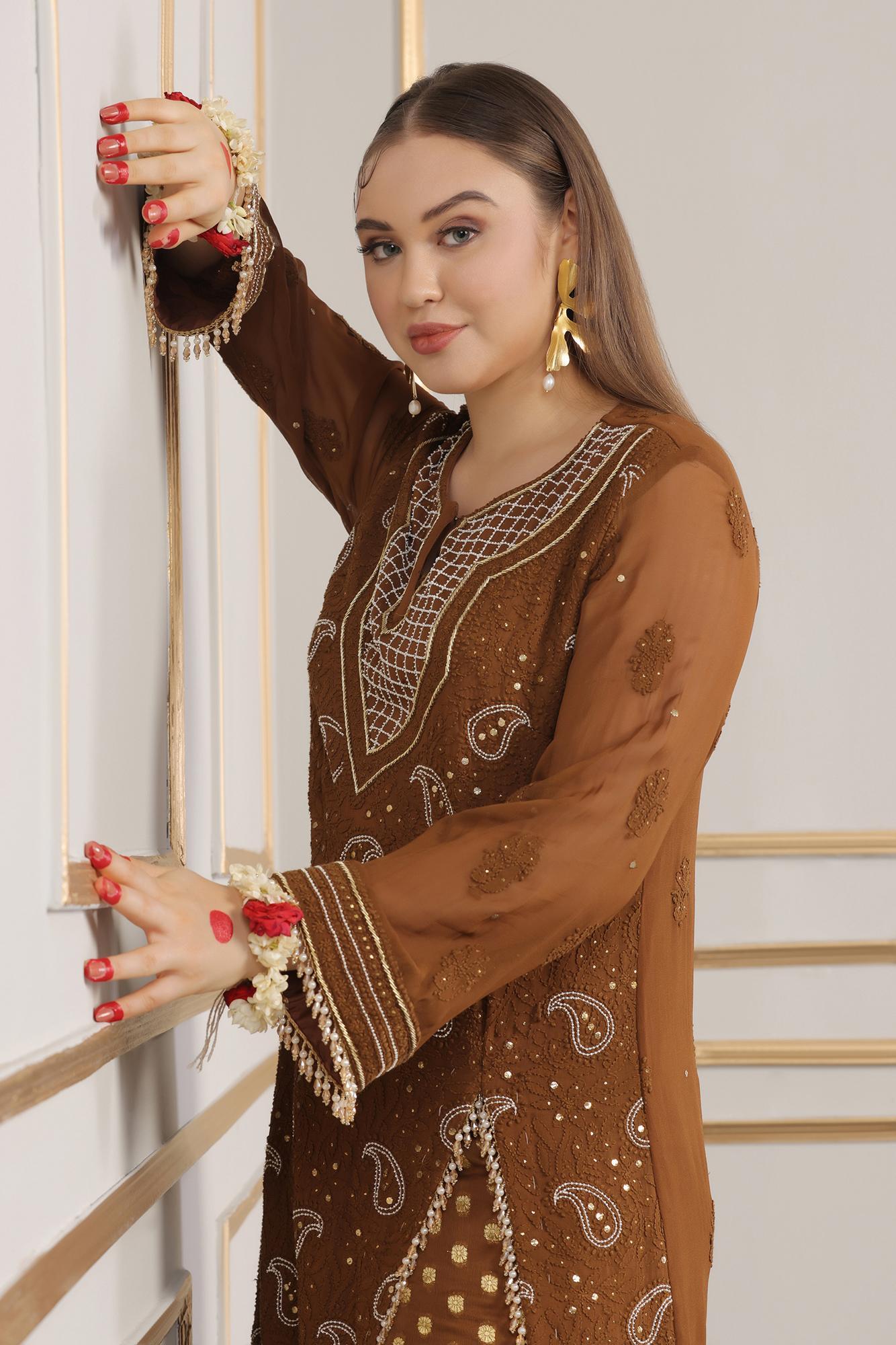 Hand Embroidered Chikankari Kurta With Jaquard Pant