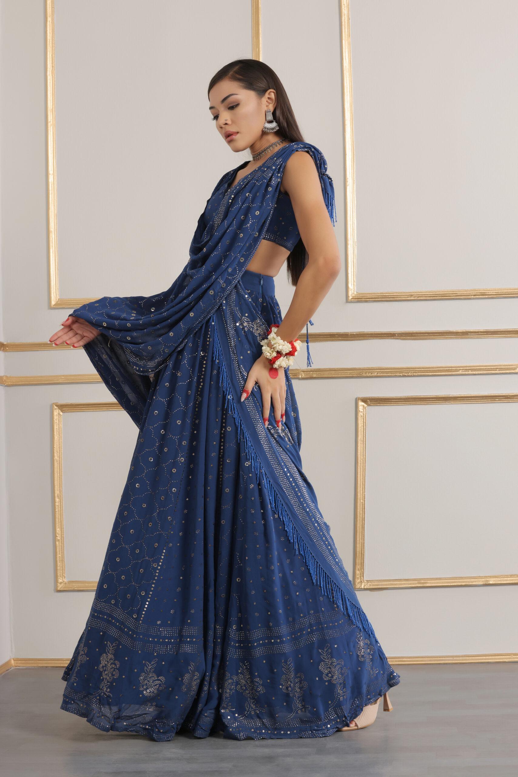 Mukaish Embroidered Electric Blue Lehenga