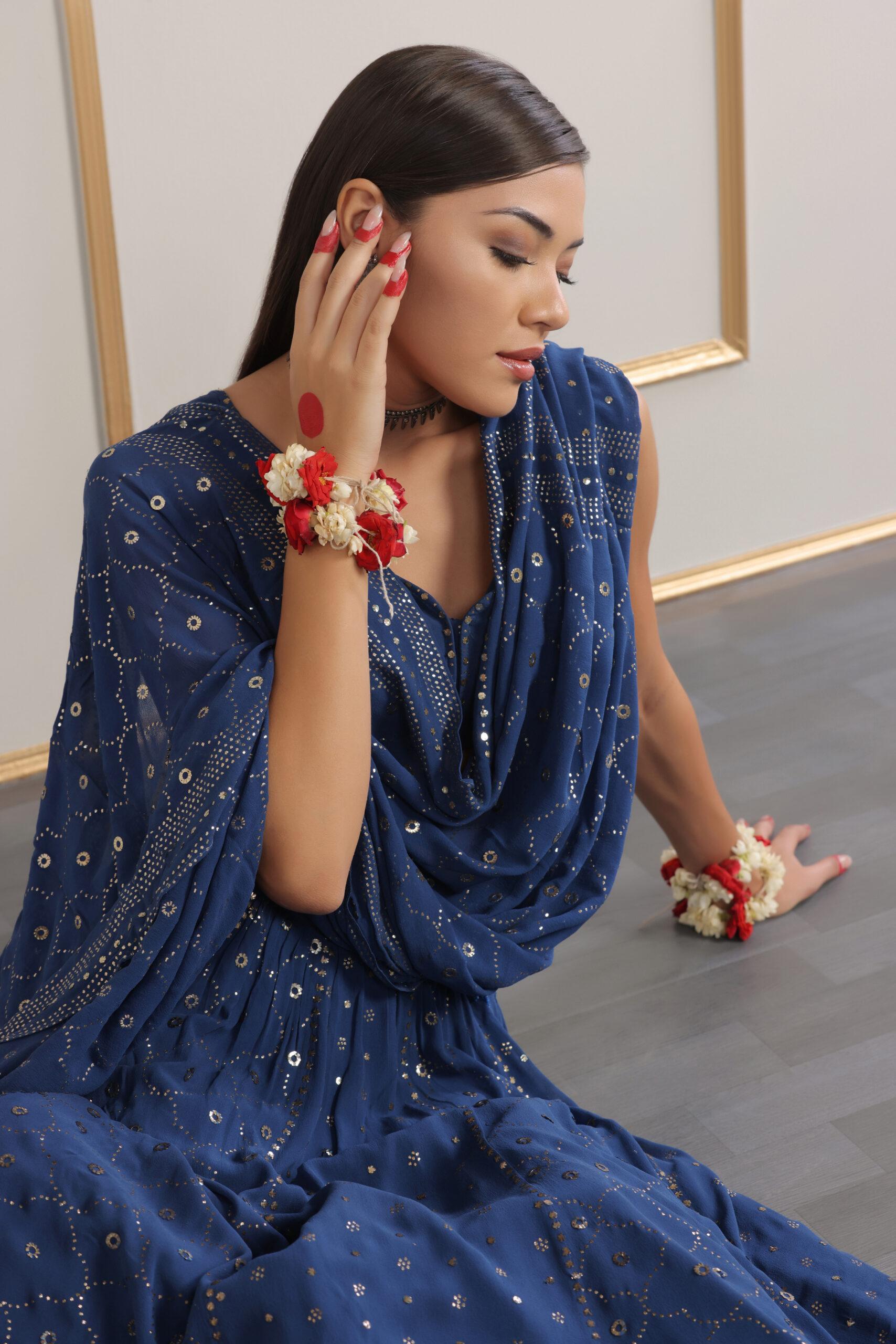 Mukaish Embroidered Electric Blue Lehenga