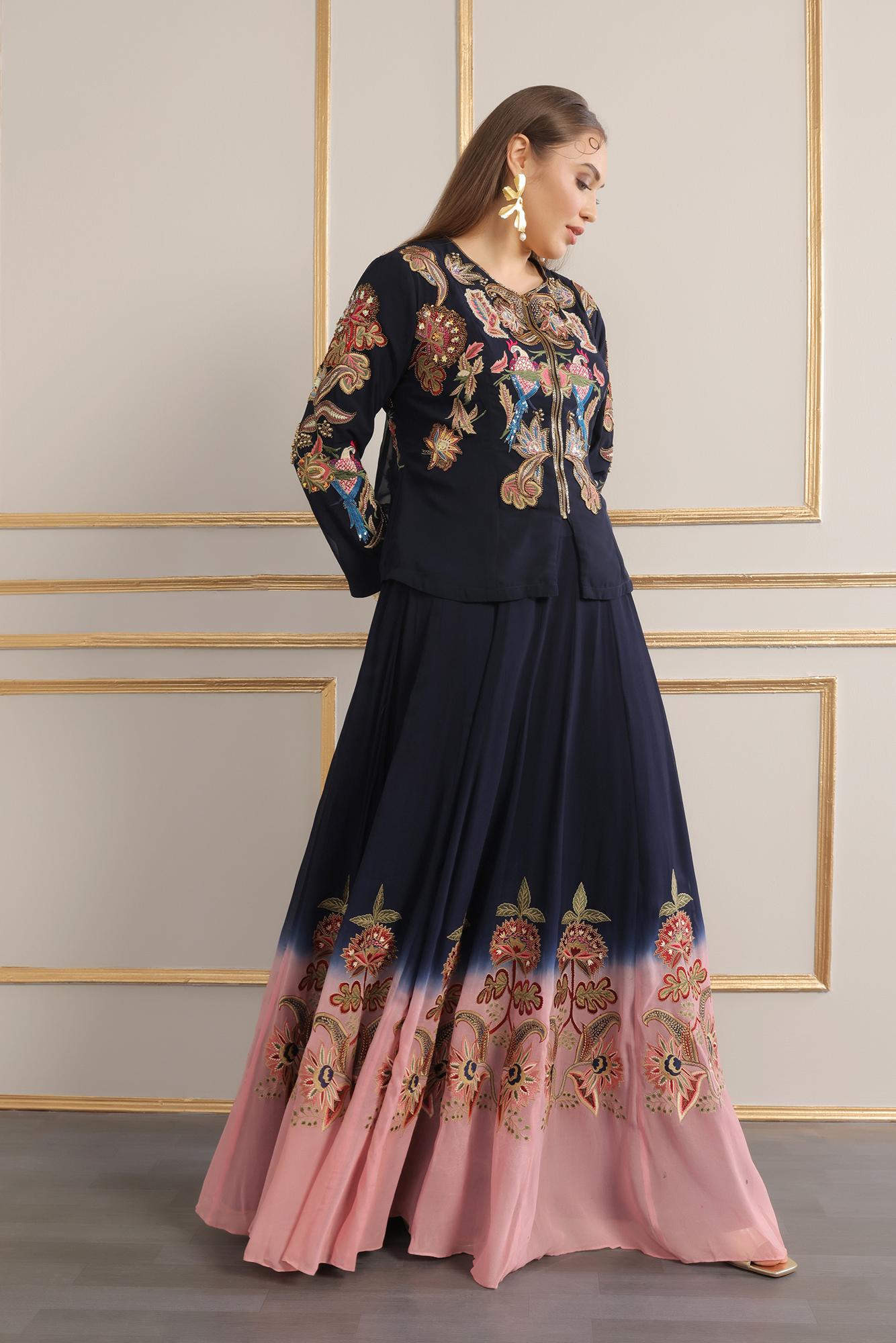 Turkish Embroiderd Kali Ombre Lehenga And Front Zipper Jacket
