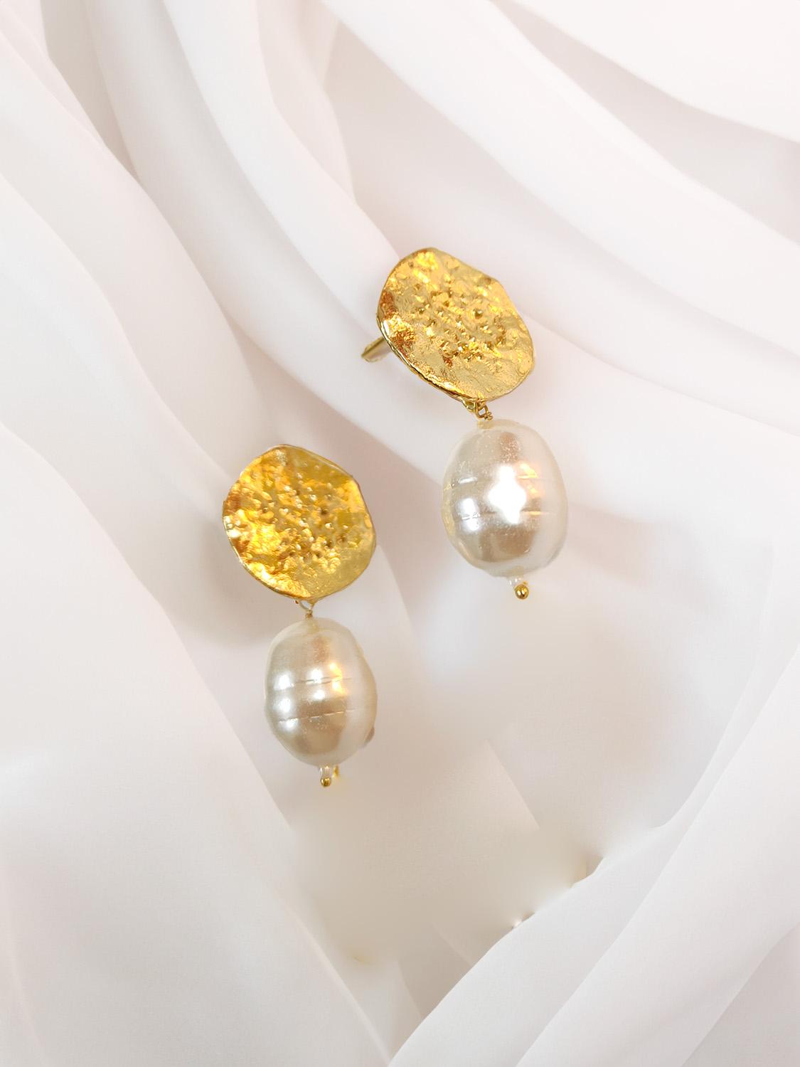 Brass Round Golden Pearl Earrings