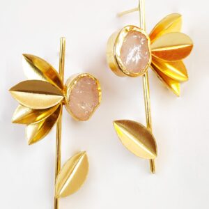 Gold Polished Brass White Stone and Leaf Earrings