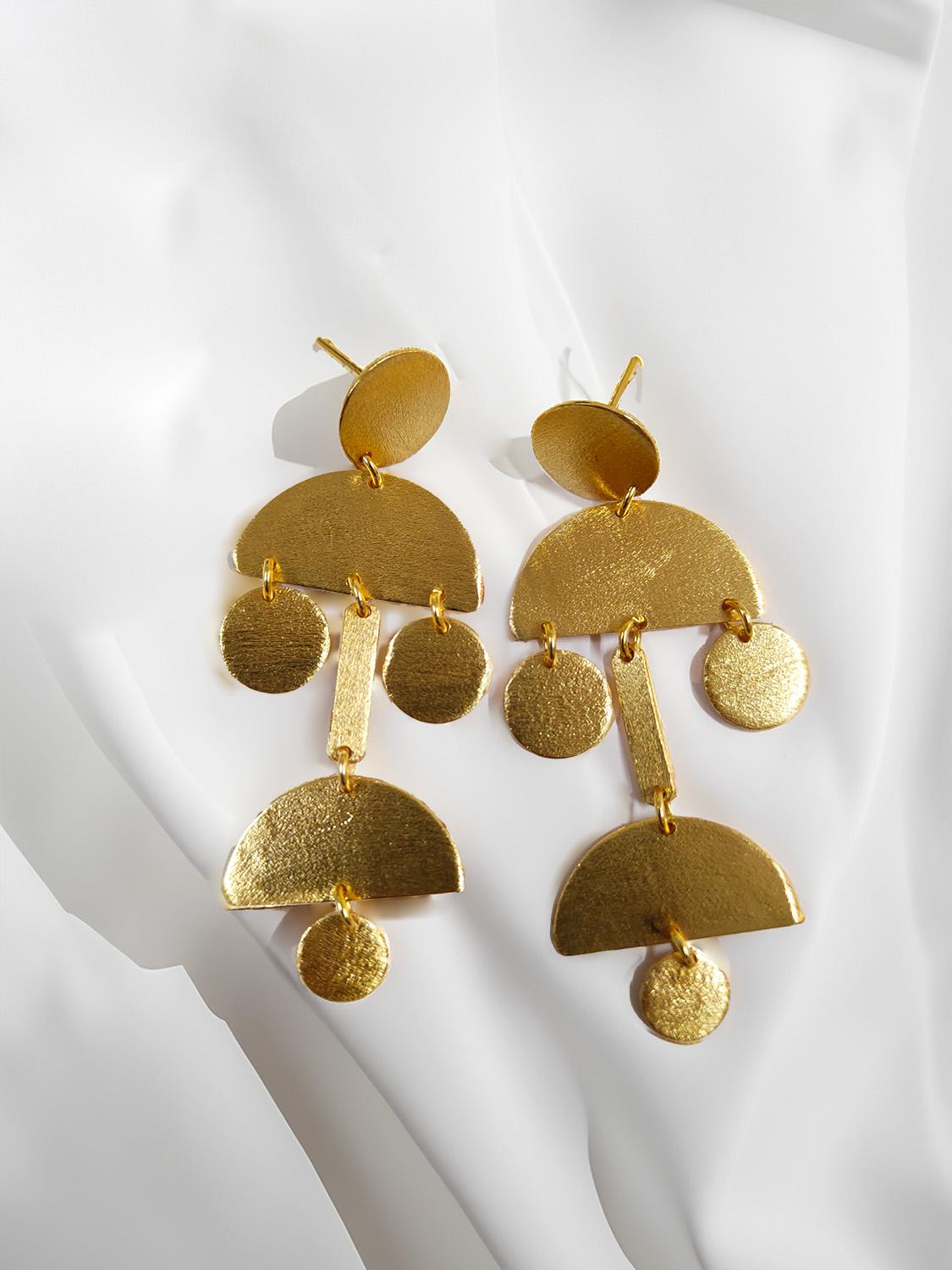 Golden Drop Bar Coin Disc Earrings