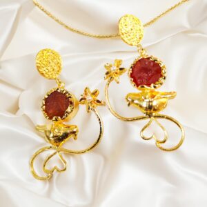 Scarlet Red Crystal Earrings Gold Flower