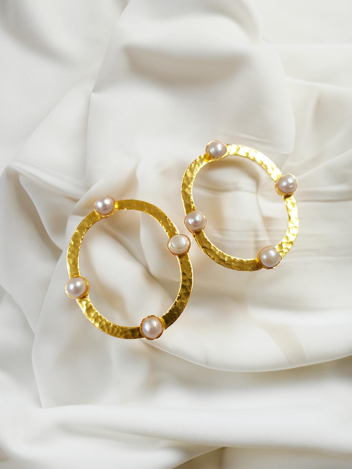 Brass Round Golden Pearl Earrings