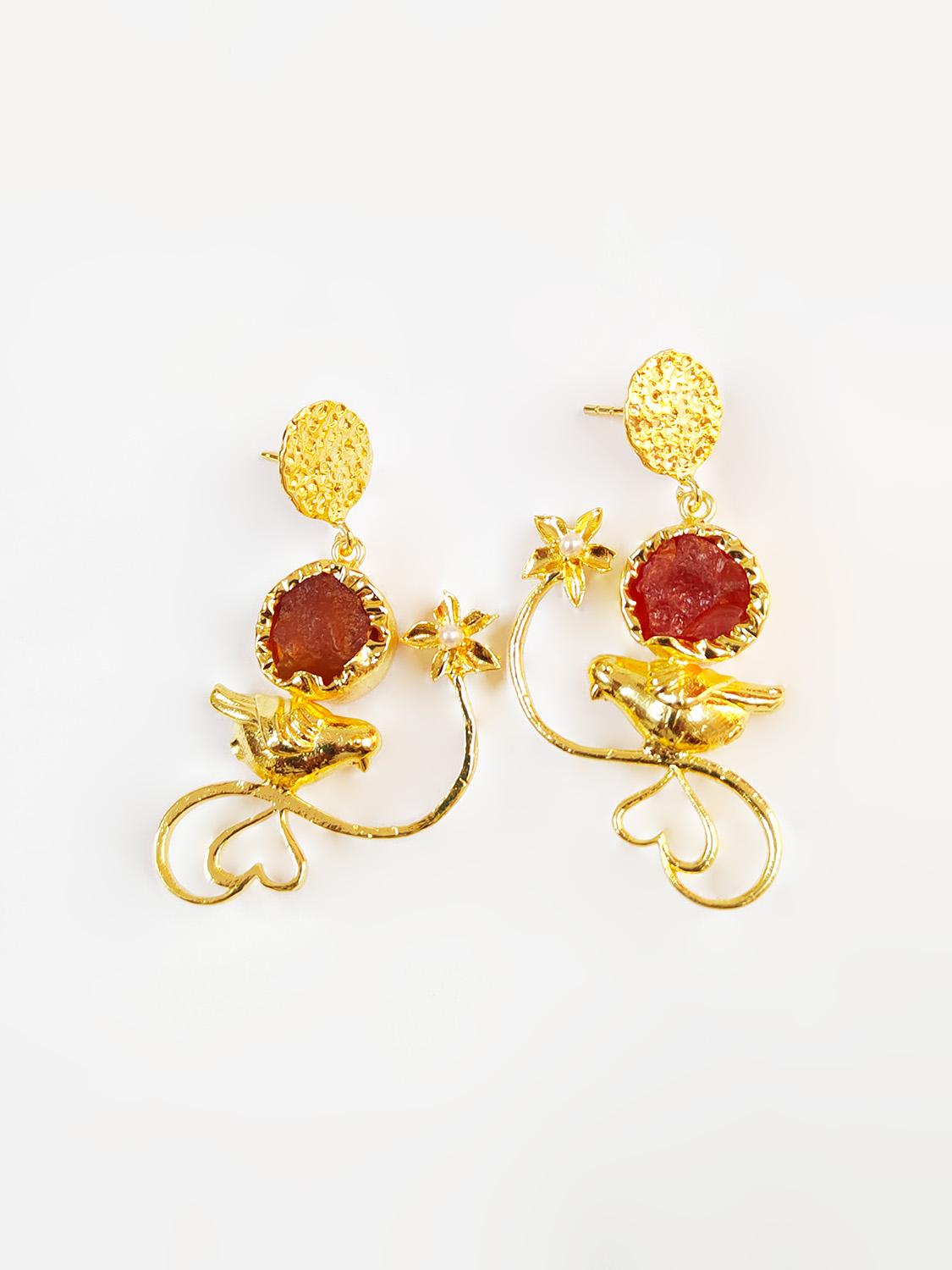 Scarlet Red Crystal Earrings Gold Flower