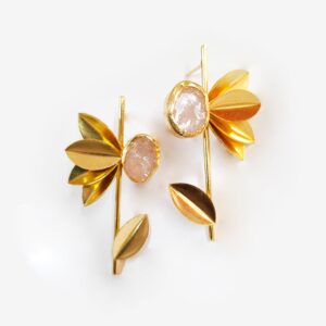 Gold Polished Brass White Stone and Leaf Earrings