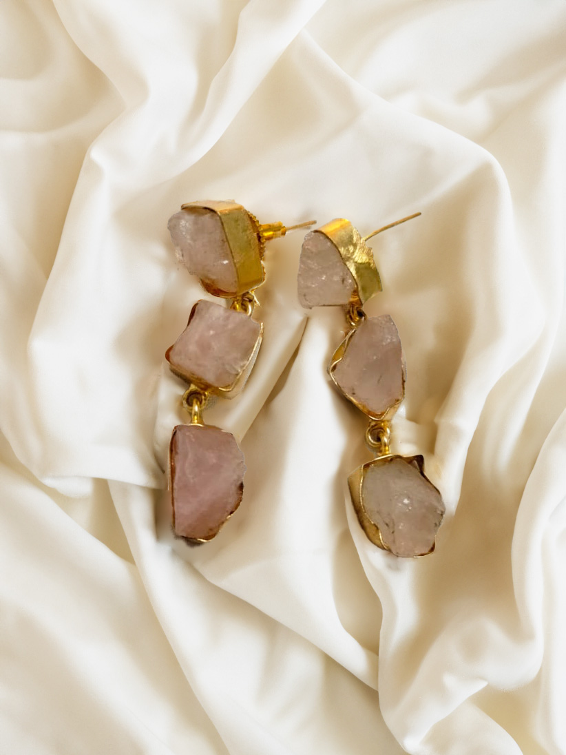 Natural Rose Crystal Quartz Gold Plated Earrings