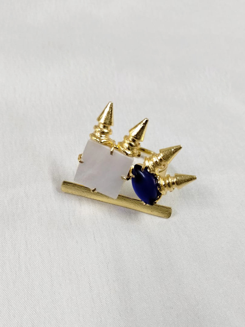 Gold Tone Blue Stone Temple Adjustable Ring
