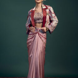 Adaa Crop Jacket With Blouse And Pre-draped Dhoti Skirt