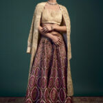 Mandala Embroidery Long Cream Gold Jacket <br> With Persian Print Skirt And Drape Blouse