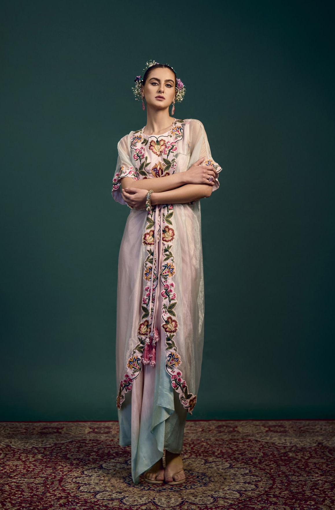 Turkish Embroidered Cape With Blouse And Wrap Pre-draped Skirt