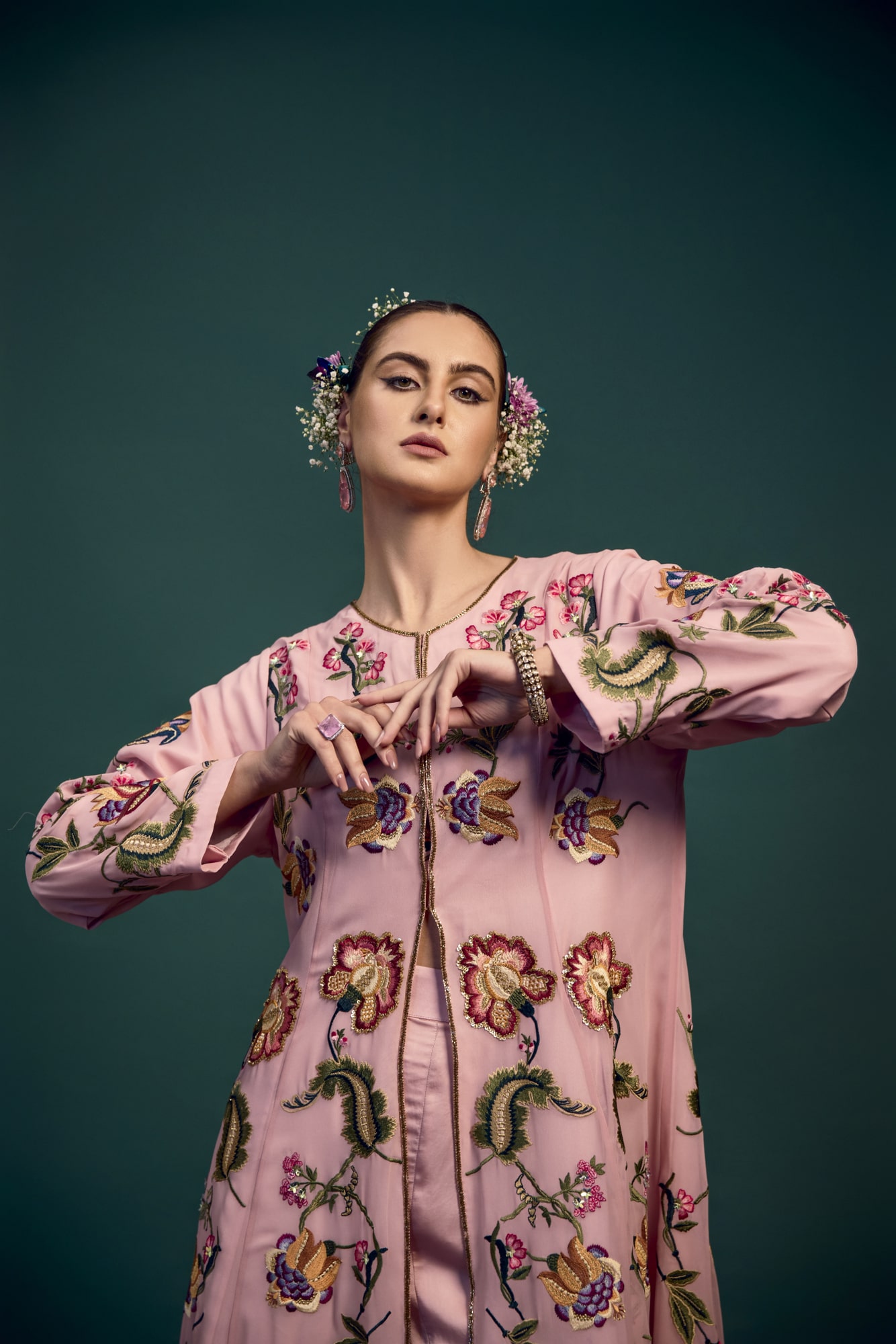Turkish Embroidered Pink Kali Jacket With Kali Sharara