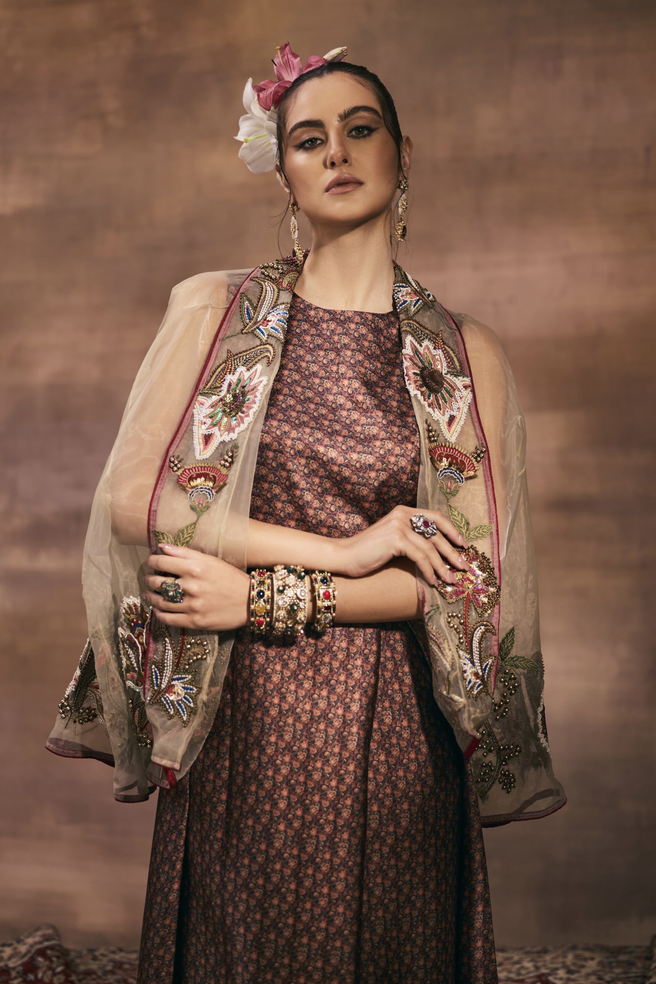 Turkish Print Gown With Organza Embroidered Cape