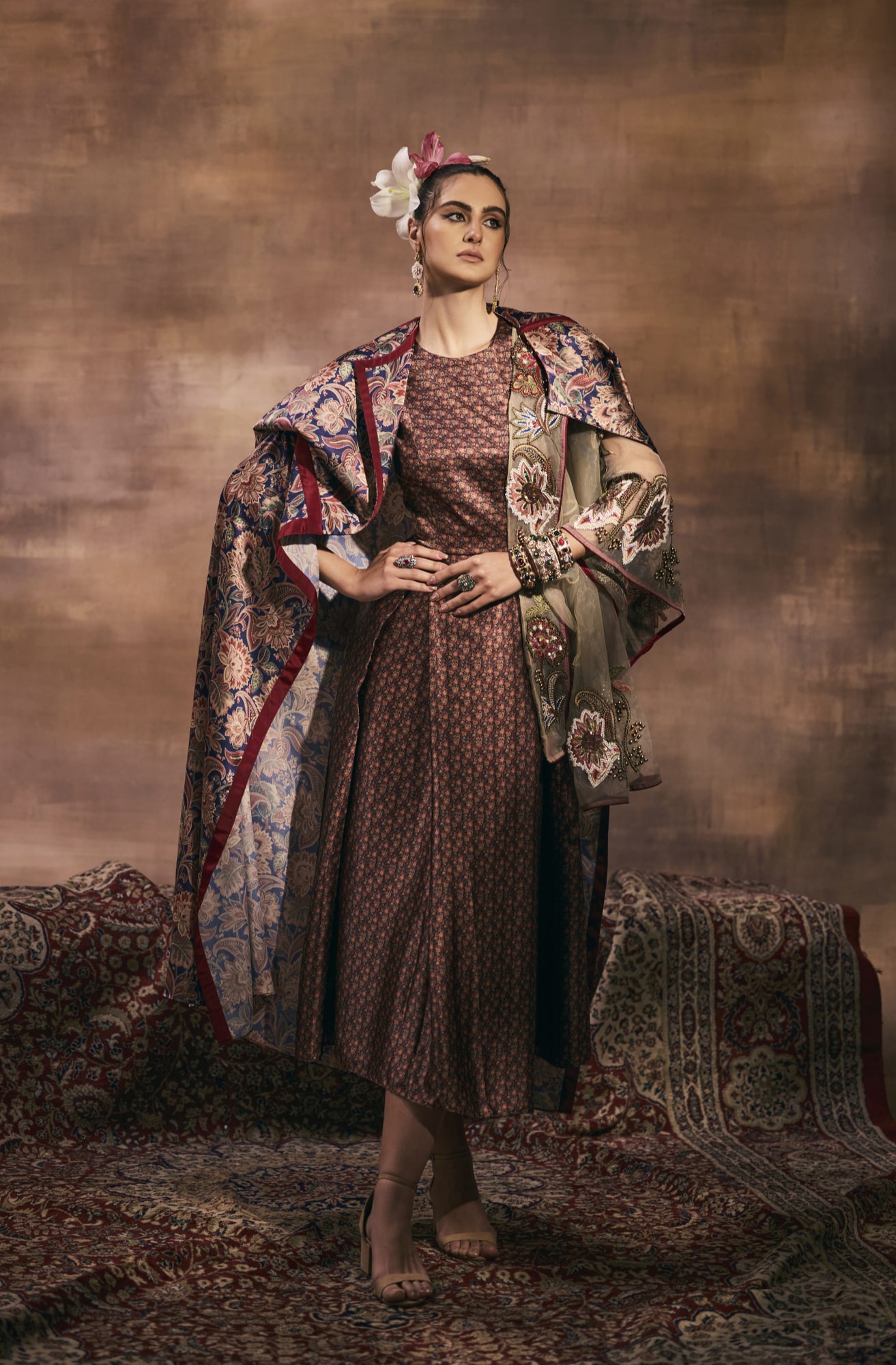 Turkish Print Gown With Organza Embroidered Cape